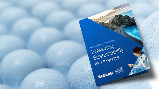 Brochure titled 'Powering Sustainability in Pharma' by ECOLAB, featuring a scientist and coastal landscape, set against a background of light blue spheres.